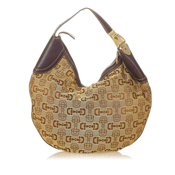 グッチ ホースビット 145764 ベージュ ブラウン キャンバス レザー ショルダーバッグ レディース GUCCI 【中古】
