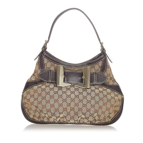 グッチ GGキャンバス リボン クイーンホーボー 189885 ベージュ ブラウン キャンバス レザー ワンショルダー レディース GUCCI 【中古】
