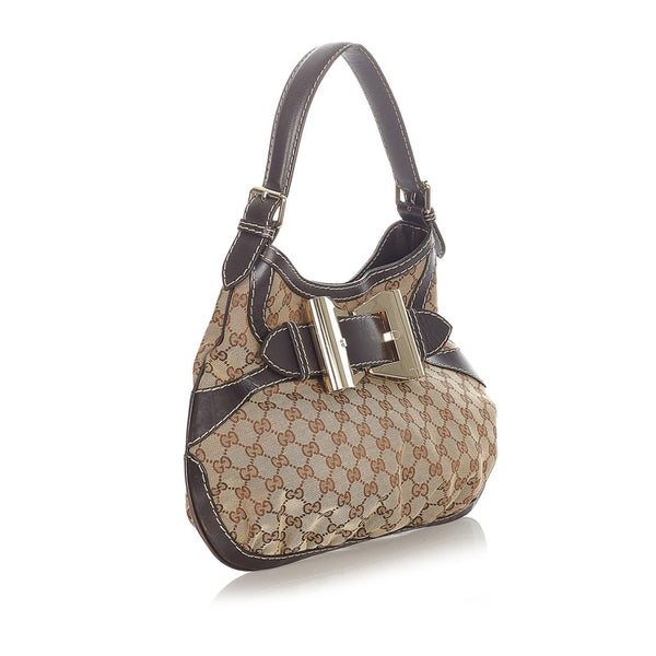グッチ GGキャンバス リボン クイーンホーボー 189885 ベージュ ブラウン キャンバス レザー ワンショルダー レディース GUCCI 【中古】