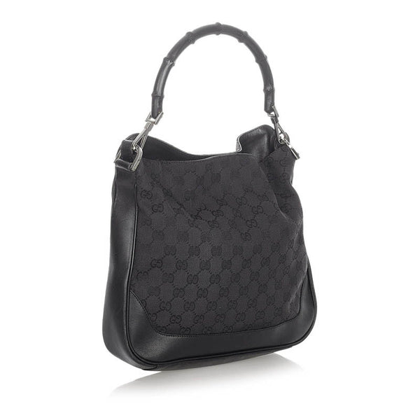 グッチ GGキャンバス バンブー ブラック ブラウン レザー キャンバス ハンドバック ショルダーバック2WAY レディース GUCCI 【中古】