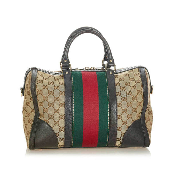 グッチ GGキャンバス シェリーライン  406868 ベージュ ブラウン  キャンバス レザー ボストンバッグ ショルダーバッグ 2WAY レディース GUCCI 【中古】