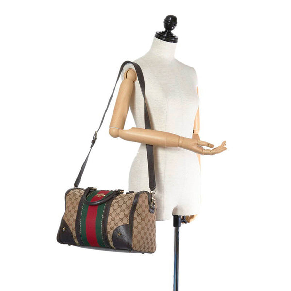 グッチ GGキャンバス シェリーライン  406868 ベージュ ブラウン  キャンバス レザー ボストンバッグ ショルダーバッグ 2WAY レディース GUCCI 【中古】