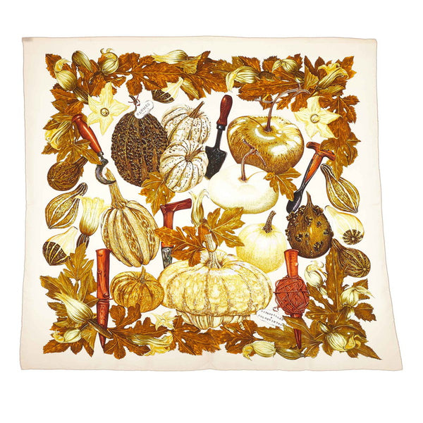 エルメス カレ90 CITROUILLES ET COLOQUINTES カボチャとコロシント アイボリー グリーン マルチカラー シルク スカーフ レディース HERMES 【中古】
