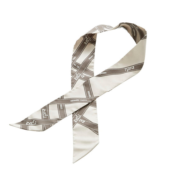 エルメス ツイリー ロゴ リボン柄 グレー シルク スカーフ レディース HERMES 【中古】