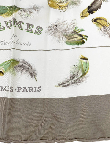 エルメス カレ90 PLUMES 羽根 アイボリー カーキ マルチ シルク スカーフ レディース HERMES 【中古】