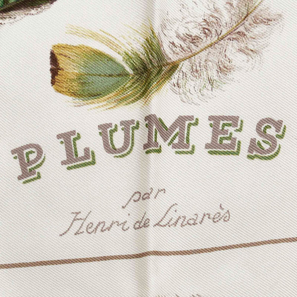 エルメス カレ90 PLUMES 羽根 アイボリー カーキ マルチ シルク スカーフ レディース HERMES 【中古】