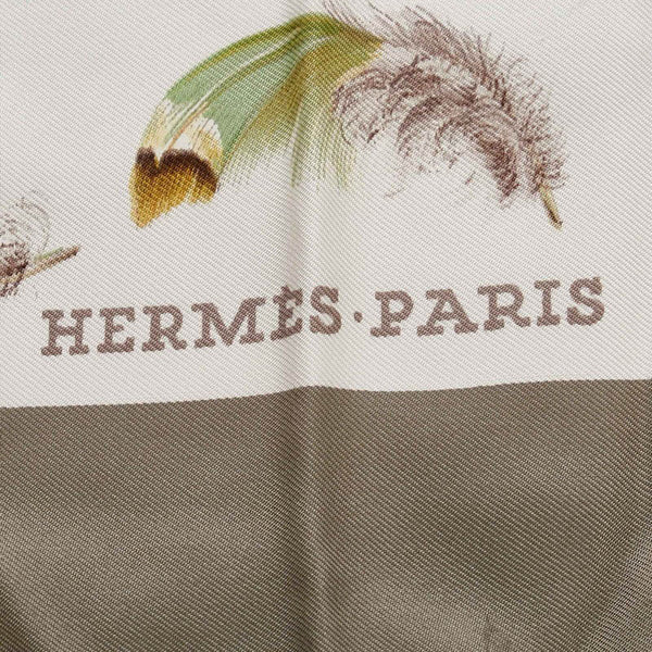 エルメス カレ90 PLUMES 羽根 アイボリー カーキ マルチ シルク スカーフ レディース HERMES 【中古】