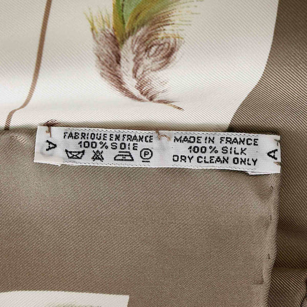 エルメス カレ90 PLUMES 羽根 アイボリー カーキ マルチ シルク スカーフ レディース HERMES 【中古】