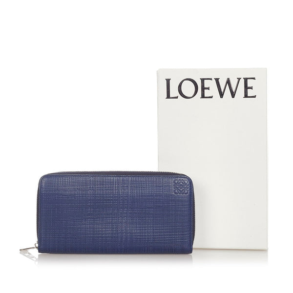 ロエベ リネン ラウンドファスナー 長財布 ネイビー レザー レディース LOEWE 【中古】