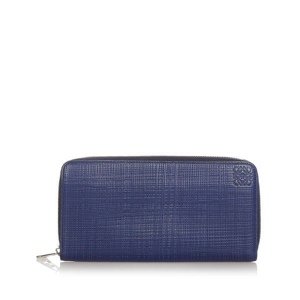 ロエベ リネン ラウンドファスナー 長財布 ネイビー レザー レディース LOEWE 【中古】