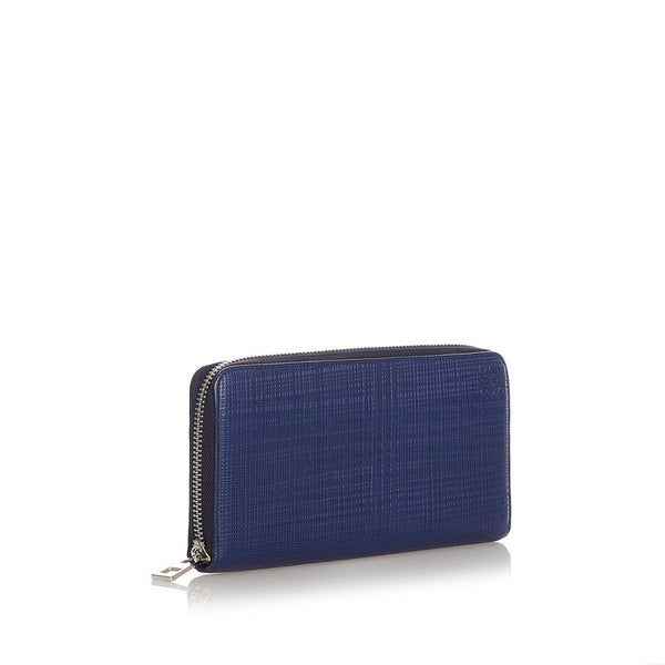 ロエベ リネン ラウンドファスナー 長財布 ネイビー レザー レディース LOEWE 【中古】