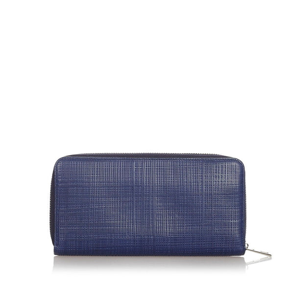 ロエベ リネン ラウンドファスナー 長財布 ネイビー レザー レディース LOEWE 【中古】