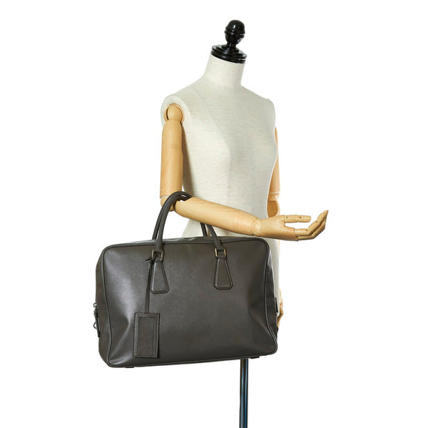 プラダ サフィアーノ グレー カーフ ビジネスバッグ メンズ PRADA 【中古】