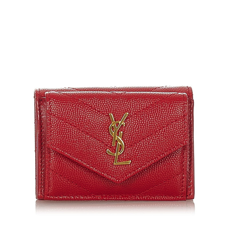 サンローラン クラシック モノグラム 三つ折り財布 レッド レザー レディース SAINT LAURENT 【中古】