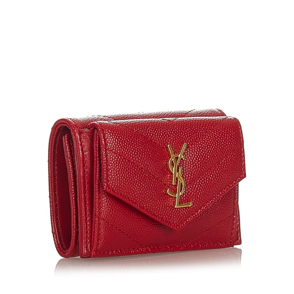 サンローラン クラシック モノグラム 三つ折り財布 レッド レザー レディース SAINT LAURENT 【中古】