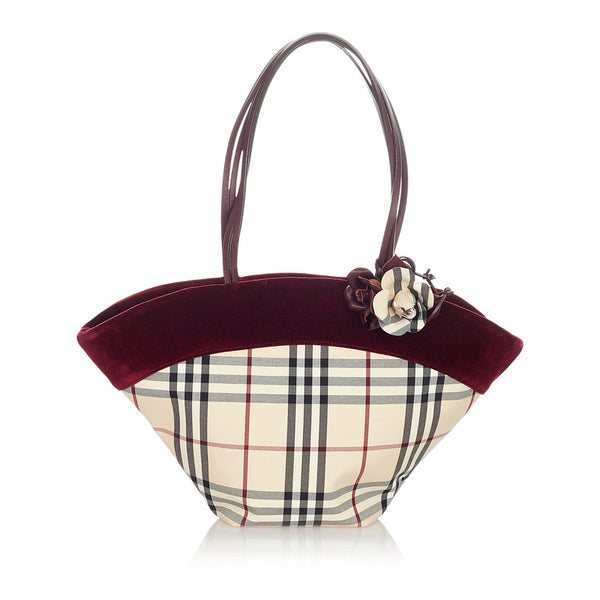 バーバリー ノバチェック ベージュ レッド ブラック ナイロン ベロア トートバッグ レディース BURBERRY 【中古】