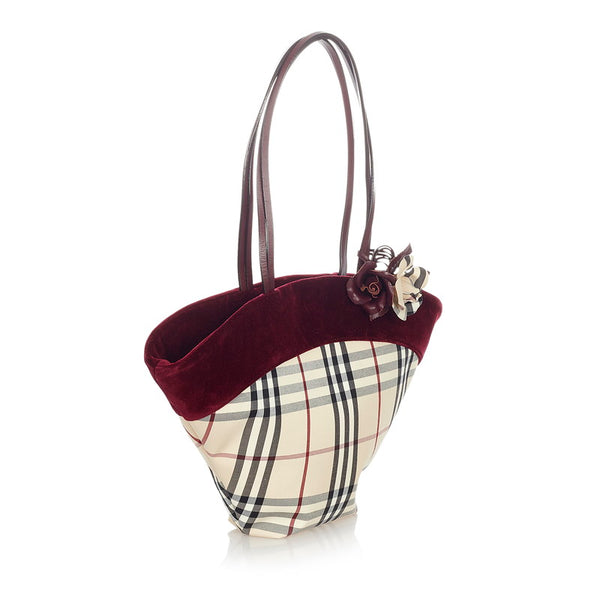 バーバリー ノバチェック ベージュ レッド ブラック ナイロン ベロア トートバッグ レディース BURBERRY 【中古】