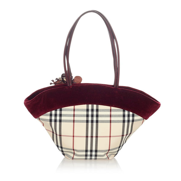 バーバリー ノバチェック ベージュ レッド ブラック ナイロン ベロア トートバッグ レディース BURBERRY 【中古】