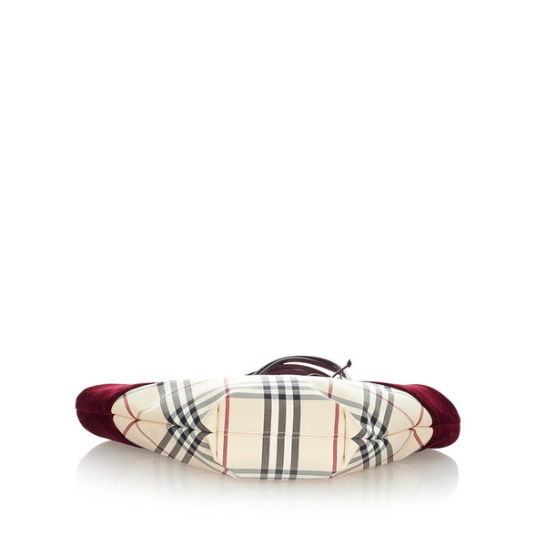 バーバリー ノバチェック ベージュ レッド ブラック ナイロン ベロア トートバッグ レディース BURBERRY 【中古】