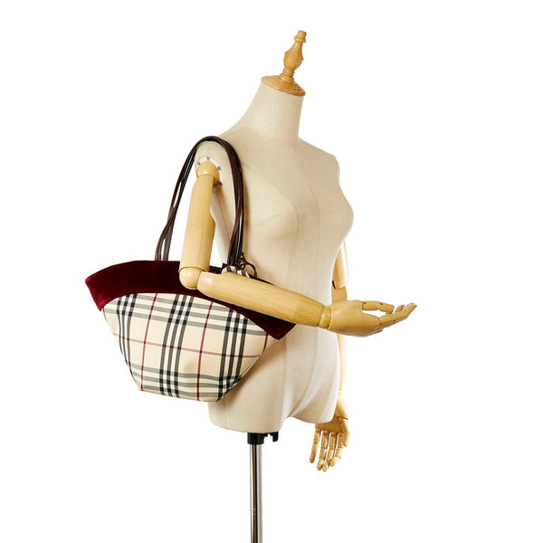 バーバリー ノバチェック ベージュ レッド ブラック ナイロン ベロア トートバッグ レディース BURBERRY 【中古】