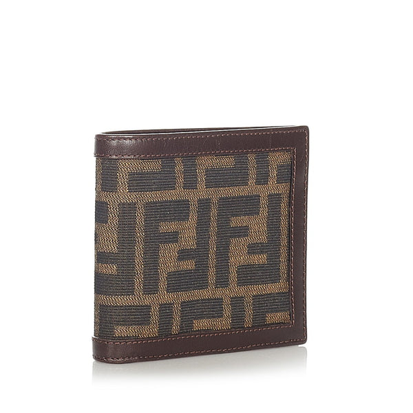 フェンディ ズッカ ブラウン カーキ キャンバス レザー 二つ折り財布 レディース FENDI 【中古】