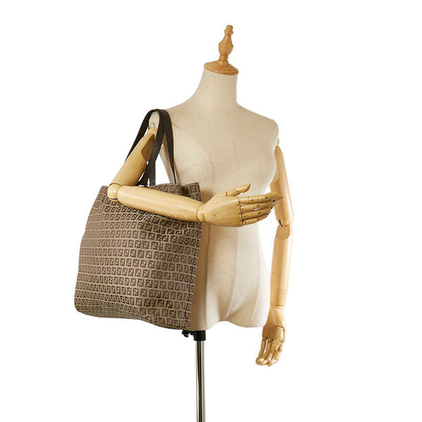 フェンディ ズッキーノ 8BH068 ベージュ ブラウン キャンバス レザー トートバッグ レディース FENDI 【中古】