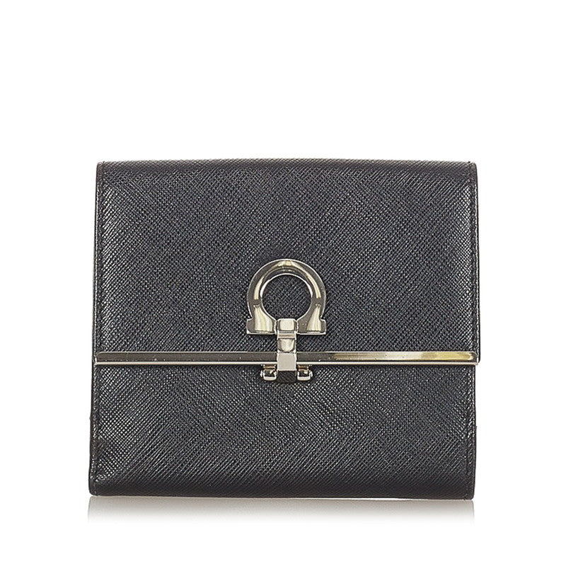 サルヴァトーレフェラガモ ガンチーニ JL22-4639 ブラック シルバー レザー 二つ折り財布 レディース Salvatore Ferragamo 【中古】