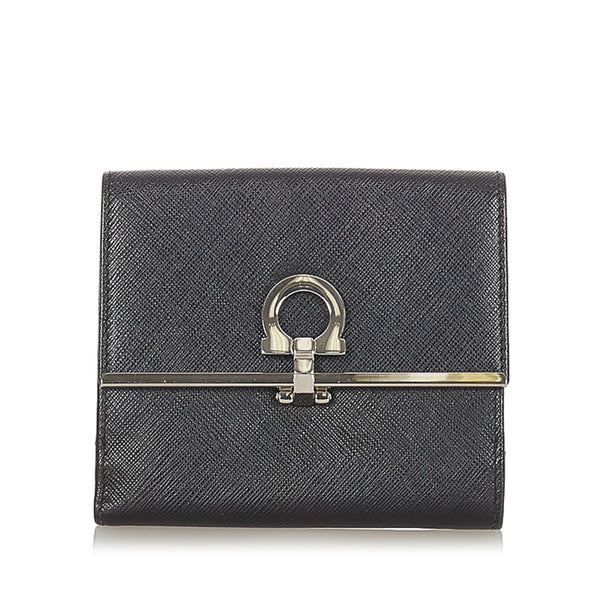 サルヴァトーレフェラガモ ガンチーニ JL22-4639 ブラック シルバー レザー 二つ折り財布 レディース Salvatore Ferragamo 【中古】