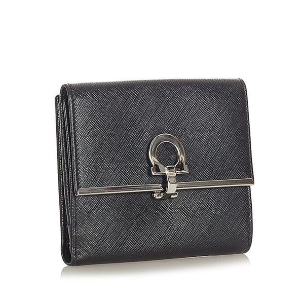 サルヴァトーレフェラガモ ガンチーニ JL22-4639 ブラック シルバー レザー 二つ折り財布 レディース Salvatore Ferragamo 【中古】