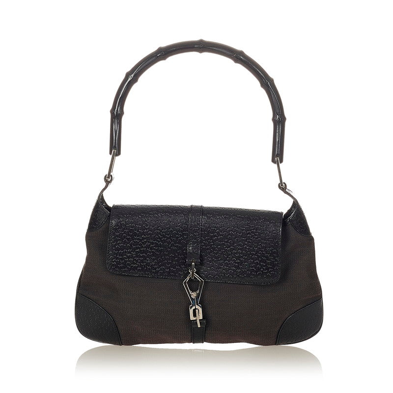 グッチ バンブー 001 4096 1705 ブラック キャンバス レザー ショルダーバッグ レディース GUCCI 【中古】