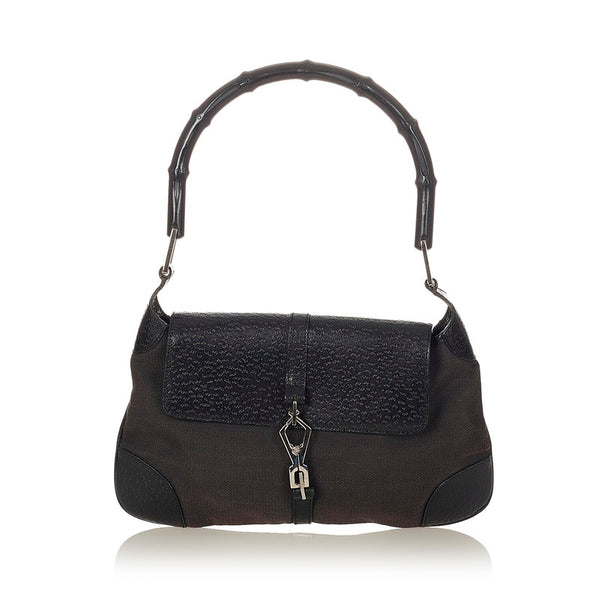 グッチ バンブー 001 4096 1705 ブラック キャンバス レザー ショルダーバッグ レディース GUCCI 【中古】