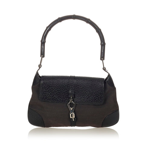 グッチ バンブー 001 4096 1705 ブラック キャンバス レザー ショルダーバッグ レディース GUCCI 【中古】