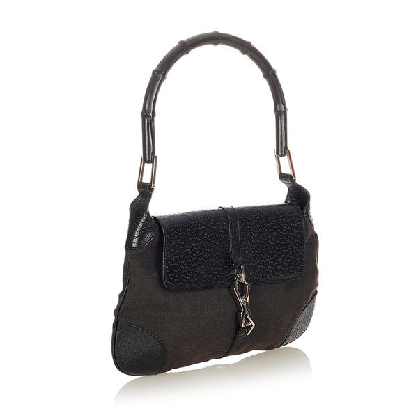 グッチ バンブー 001 4096 1705 ブラック キャンバス レザー ショルダーバッグ レディース GUCCI 【中古】