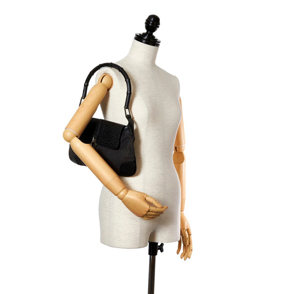 グッチ バンブー 001 4096 1705 ブラック キャンバス レザー ショルダーバッグ レディース GUCCI 【中古】