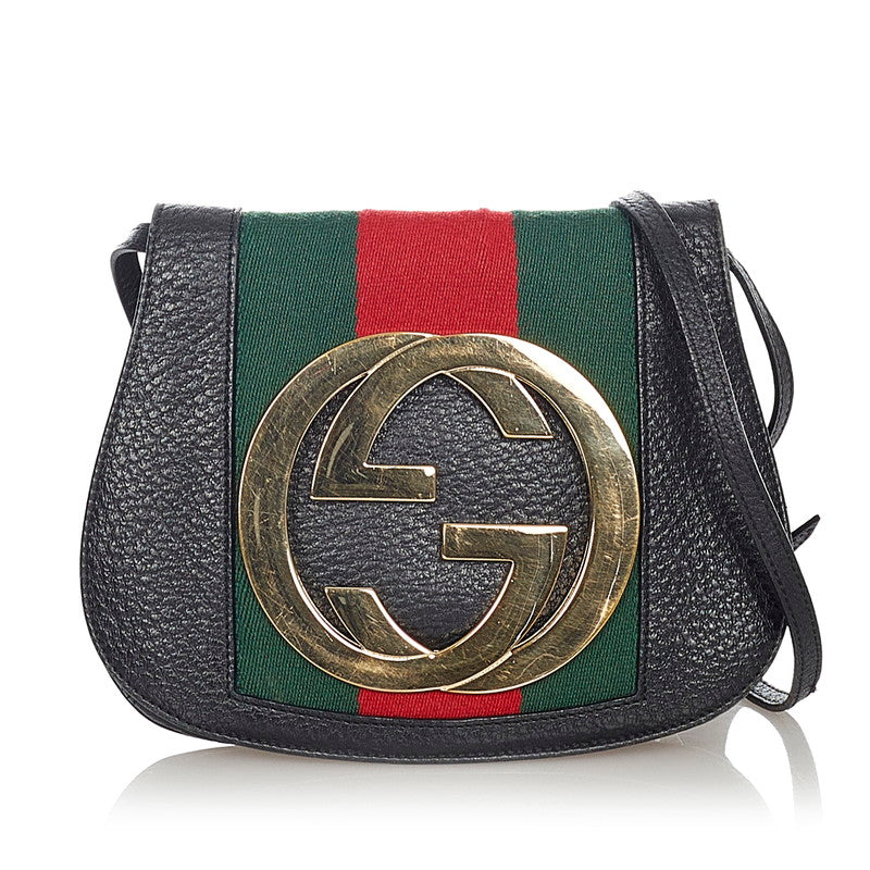 グッチ シェリー 131447 ブラック マルチカラー レザー コットン ショルダーバッグ レディース GUCCI 【中古】