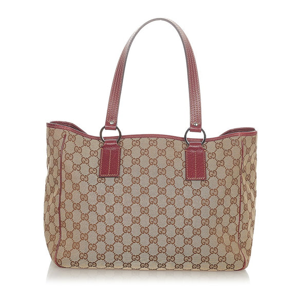 グッチ GGキャンバス ベージュ レッド キャンバス レザー トートバッグ レディース GUCCI 【中古】