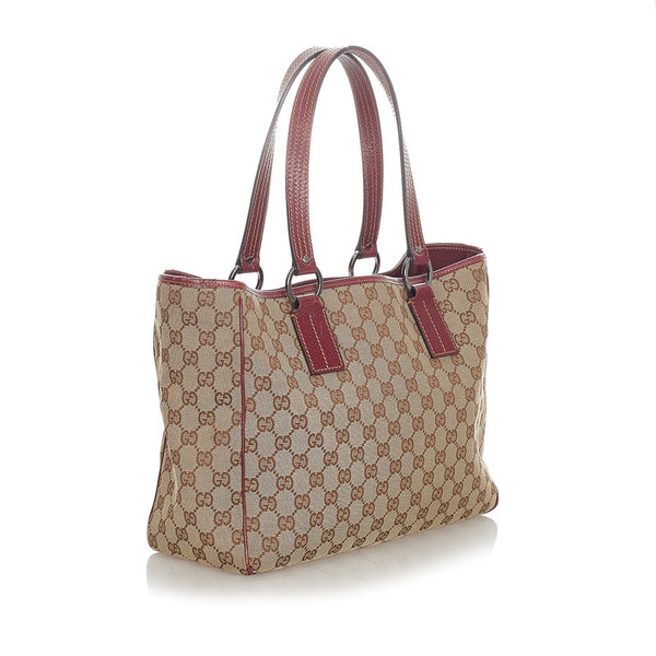 グッチ GGキャンバス ベージュ レッド キャンバス レザー トートバッグ レディース GUCCI 【中古】