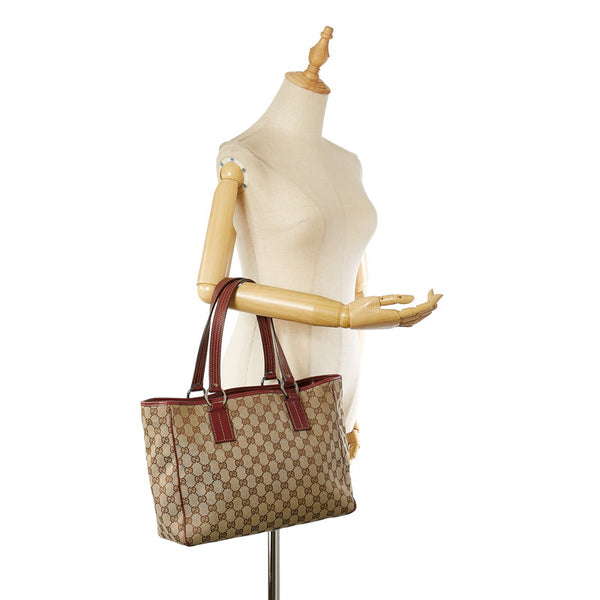 グッチ GGキャンバス ベージュ レッド キャンバス レザー トートバッグ レディース GUCCI 【中古】