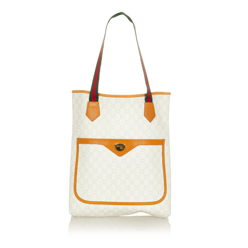 グッチ シェリーライン GGプラス ホワイト ブラウン レッド グリーン PVC レザー トートバッグ レディース GUCCI 【中古】