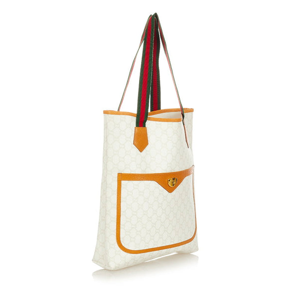 グッチ シェリーライン GGプラス ホワイト ブラウン レッド グリーン PVC レザー トートバッグ レディース GUCCI 【中古】