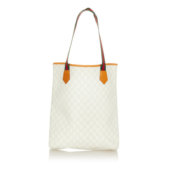 グッチ シェリーライン GGプラス ホワイト ブラウン レッド グリーン PVC レザー トートバッグ レディース GUCCI 【中古】