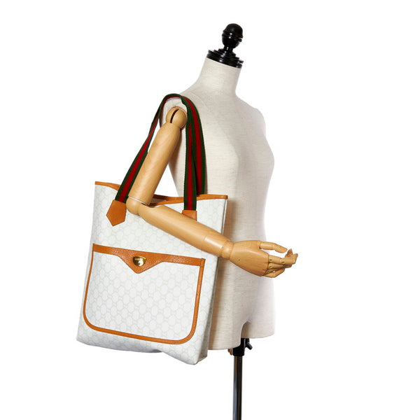 グッチ シェリーライン GGプラス ホワイト ブラウン レッド グリーン PVC レザー トートバッグ レディース GUCCI 【中古】