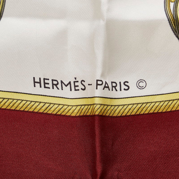 エルメス カレ90 LA PERRIERE ボルドー ホワイト シルク スカーフ レディース HERMES 【中古】