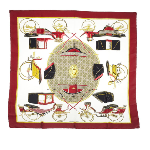 エルメス カレ90 LA PERRIERE ボルドー ホワイト シルク スカーフ レディース HERMES 【中古】