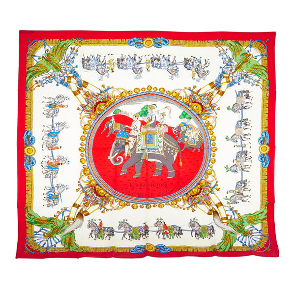 エルメス カレ90 CAPARACON 馬飾り 像 レツド ホワイト シルク スカーフ レディース HERMES 【中古】