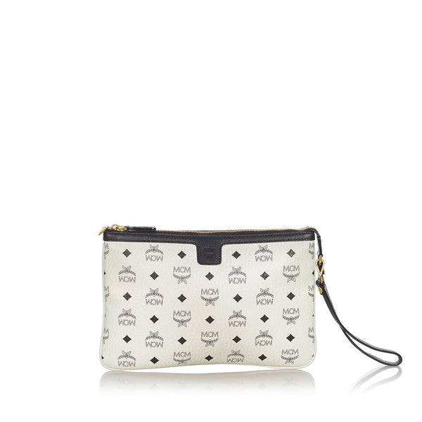 エム シー エム アイコン ホワイト ブラック レザー クラッチバッグ レディース MCM 【中古】