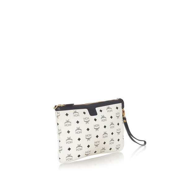 エム シー エム アイコン ホワイト ブラック レザー クラッチバッグ レディース MCM 【中古】