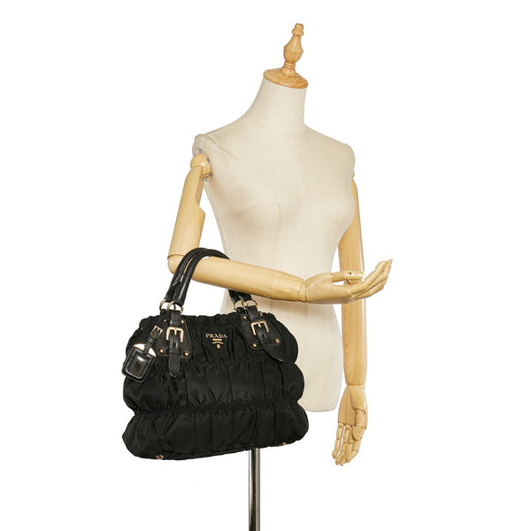 プラダ ギャザー ブラック ナイロン レザー ハンドバッグ レディース PRADA 【中古】