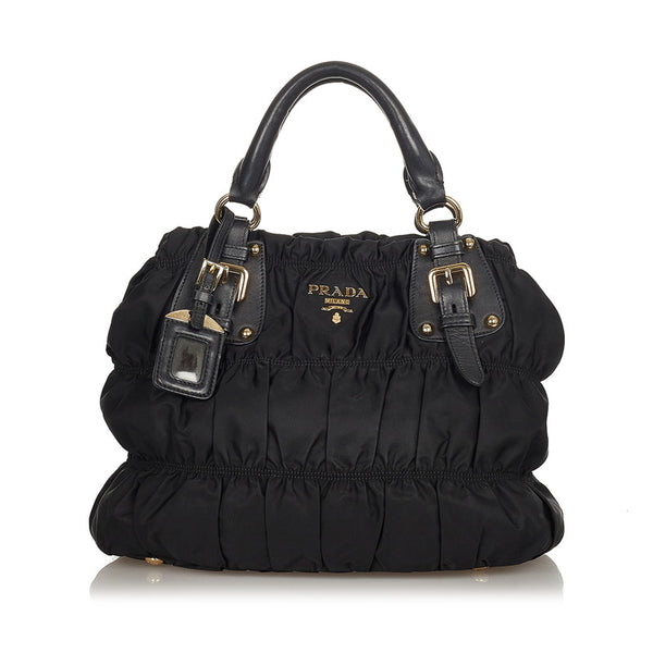 プラダ ギャザー ブラック ナイロン レザー ハンドバッグ レディース PRADA 【中古】