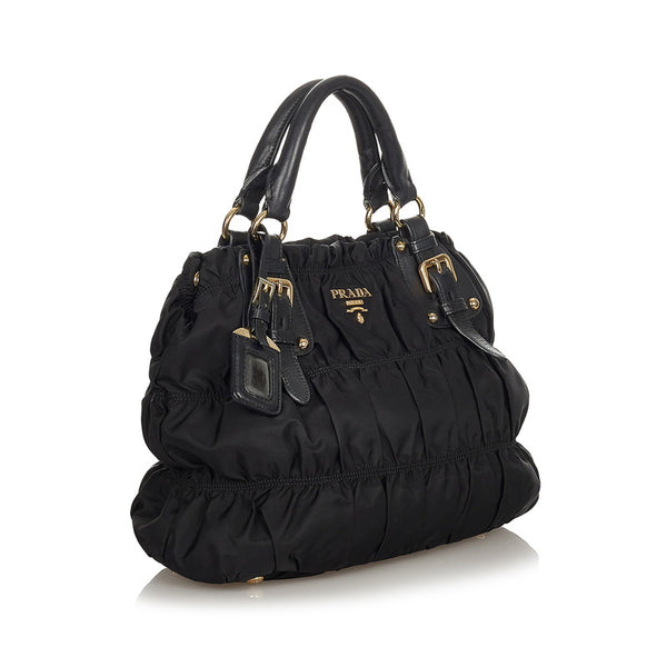 プラダ ギャザー ブラック ナイロン レザー ハンドバッグ レディース PRADA 【中古】